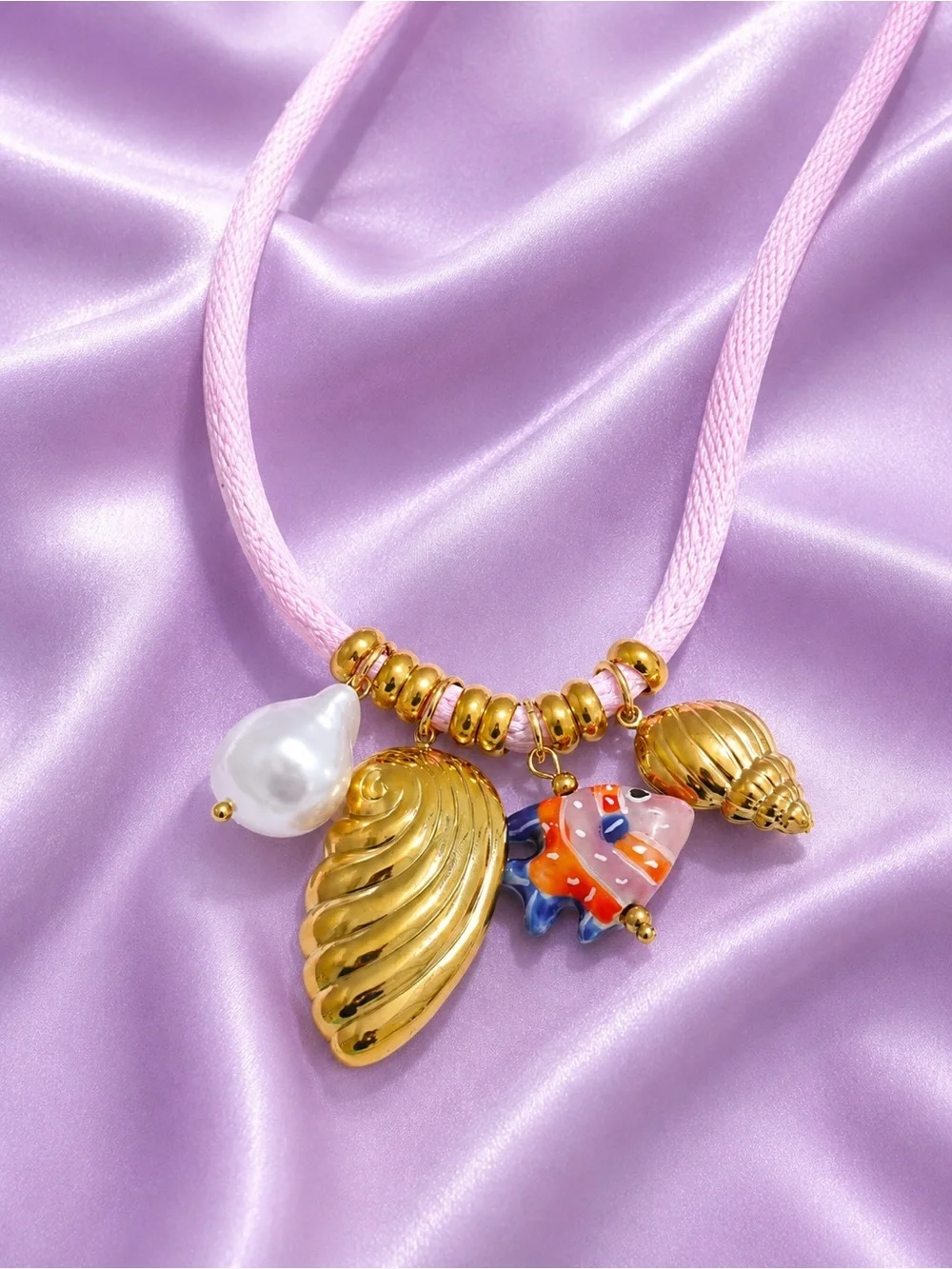 Sea Coastal Charms Pink Cord Necklace